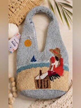 Handcrafted In India Beach Scene Handbag in Light Blue & Sand NEW